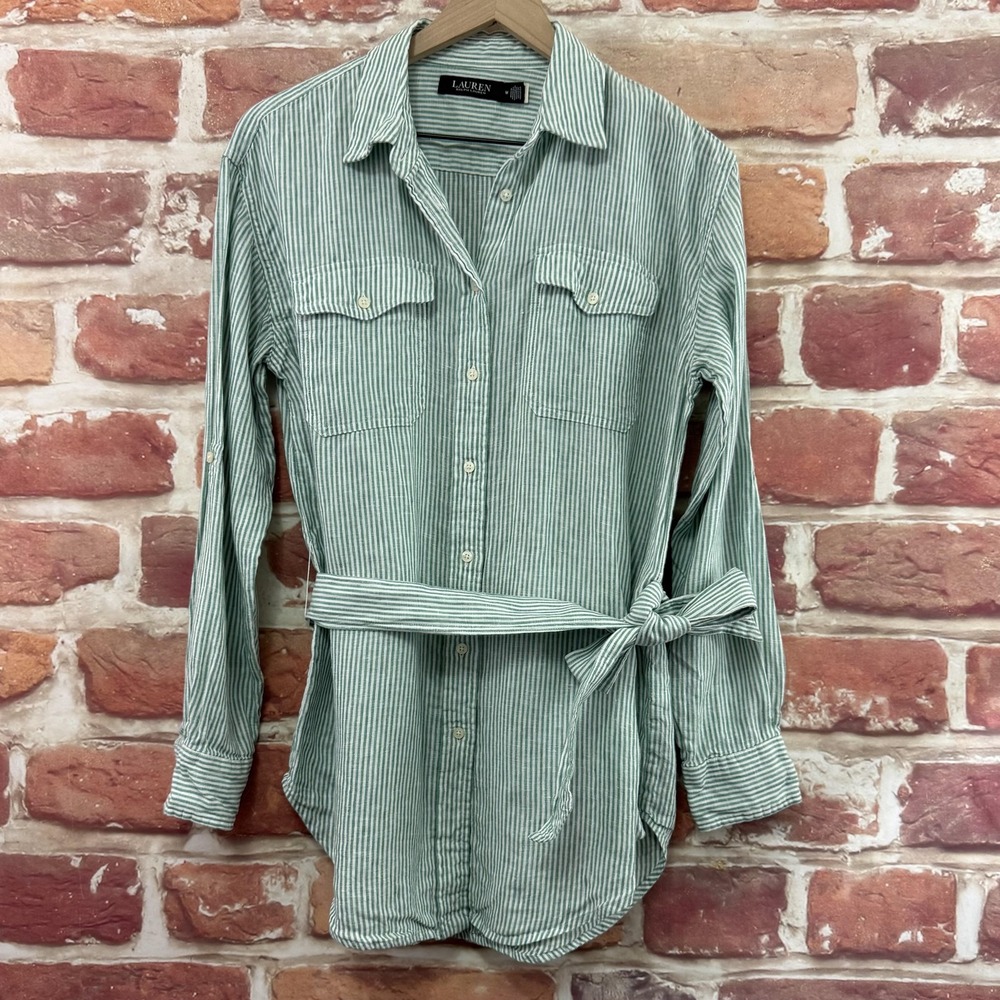 Ralph Lauren Tunic Top Women's Medium 100% Linen Green Striped Shirt Black Label